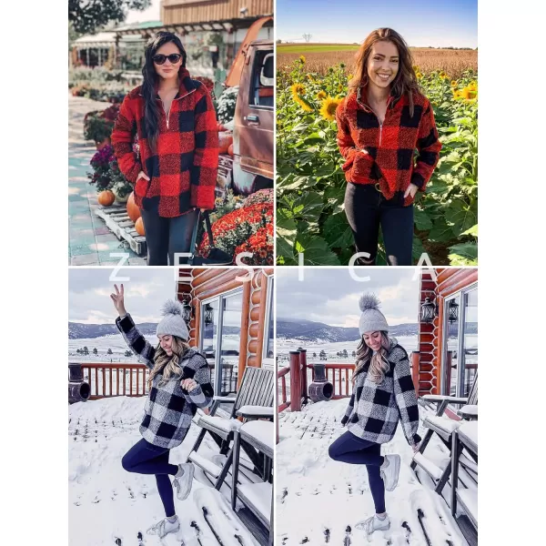 imageZESICA Womens Plaid Long Sleeve Zipper Sherpa Fleece Sweatshirt Pullover Jacket CoatPurplegrey