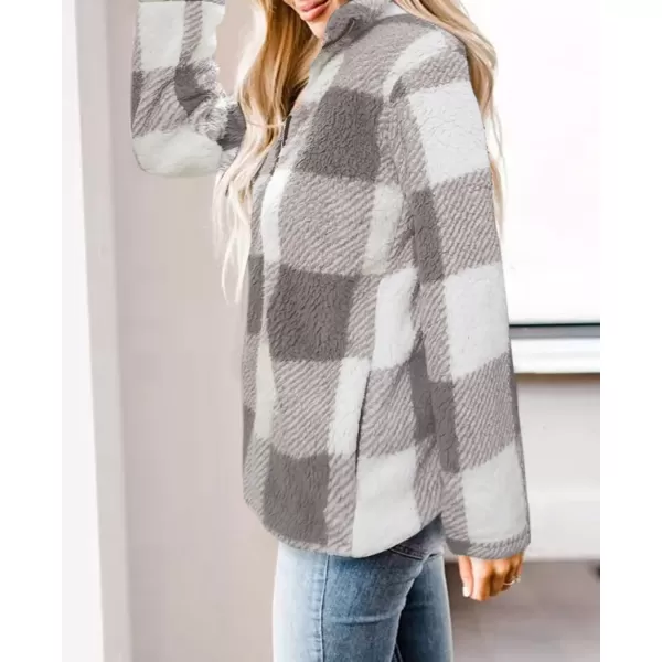 imageZESICA Womens Plaid Long Sleeve Zipper Sherpa Fleece Sweatshirt Pullover Jacket CoatPurplegrey