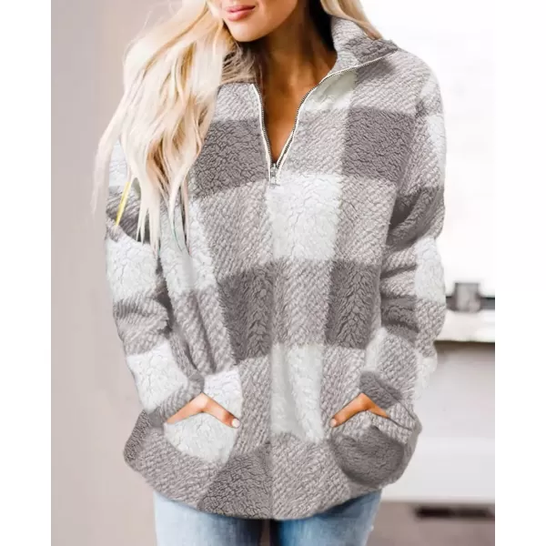 imageZESICA Womens Plaid Long Sleeve Zipper Sherpa Fleece Sweatshirt Pullover Jacket CoatPurplegrey