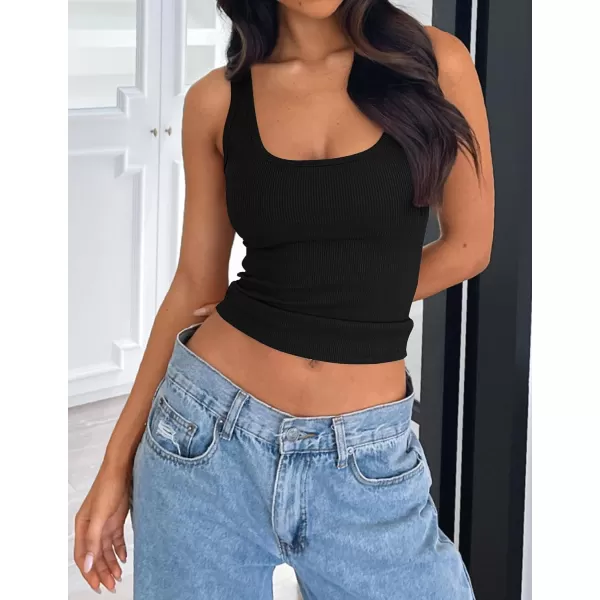 imageZESICA Womens Ribbed 2 Pack Crop Tank Tops 2024 Summer Casual Square Neck Sleeveless ShirtsBlackBlack