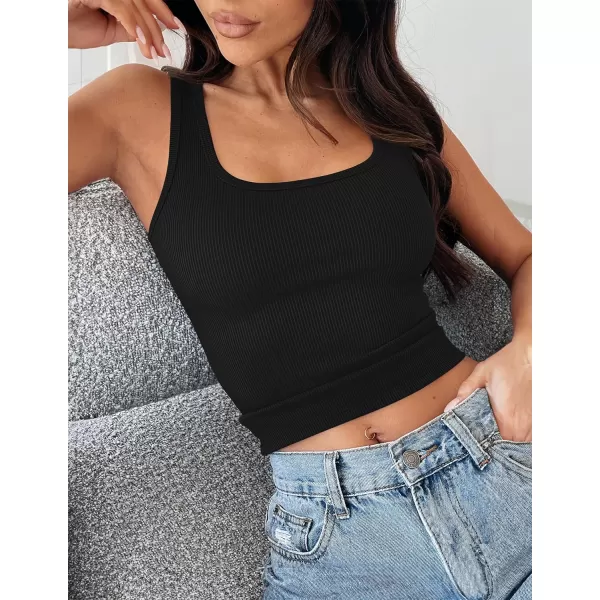 imageZESICA Womens Ribbed 2 Pack Crop Tank Tops 2024 Summer Casual Square Neck Sleeveless ShirtsBlackBlack