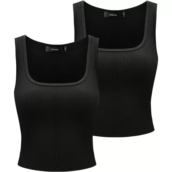 imageZESICA Womens Ribbed 2 Pack Crop Tank Tops 2024 Summer Casual Square Neck Sleeveless ShirtsBlackBlack