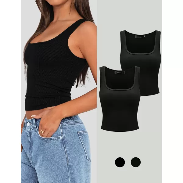 imageZESICA Womens Ribbed 2 Pack Crop Tank Tops 2024 Summer Casual Square Neck Sleeveless ShirtsBlackBlack