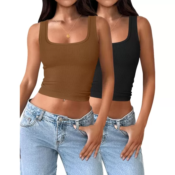 imageZESICA Womens Ribbed 2 Pack Crop Tank Tops 2024 Summer Casual Square Neck Sleeveless ShirtsBrownBlack