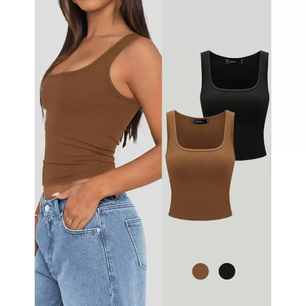 imageZESICA Womens Ribbed 2 Pack Crop Tank Tops 2024 Summer Casual Square Neck Sleeveless ShirtsBrownBlack