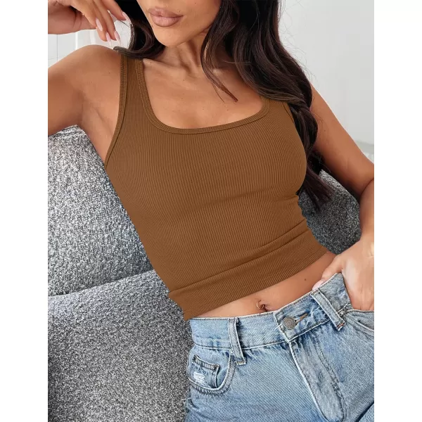 imageZESICA Womens Ribbed 2 Pack Crop Tank Tops 2024 Summer Casual Square Neck Sleeveless ShirtsBrownBlack