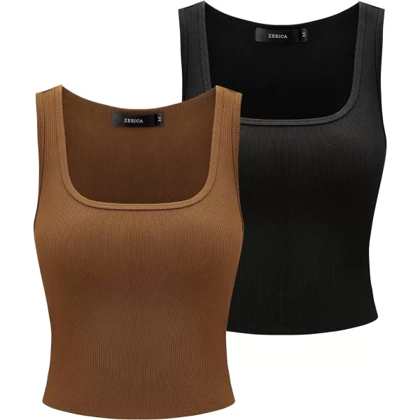imageZESICA Womens Ribbed 2 Pack Crop Tank Tops 2024 Summer Casual Square Neck Sleeveless ShirtsBrownBlack