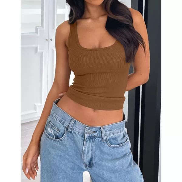 imageZESICA Womens Ribbed 2 Pack Crop Tank Tops 2024 Summer Casual Square Neck Sleeveless ShirtsBrownBlack