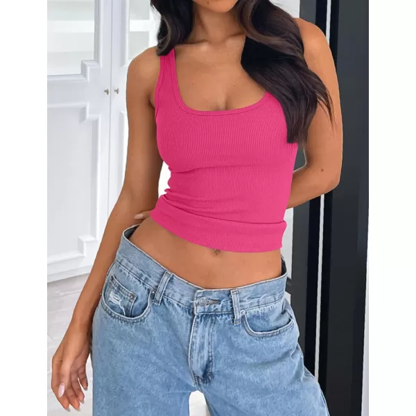 imageZESICA Womens Ribbed 2 Pack Crop Tank Tops 2024 Summer Casual Square Neck Sleeveless ShirtsHotpinkBlack