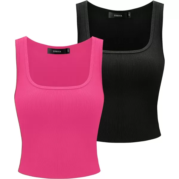 imageZESICA Womens Ribbed 2 Pack Crop Tank Tops 2024 Summer Casual Square Neck Sleeveless ShirtsHotpinkBlack