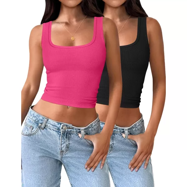 imageZESICA Womens Ribbed 2 Pack Crop Tank Tops 2024 Summer Casual Square Neck Sleeveless ShirtsHotpinkBlack
