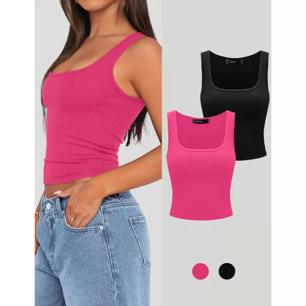 imageZESICA Womens Ribbed 2 Pack Crop Tank Tops 2024 Summer Casual Square Neck Sleeveless ShirtsHotpinkBlack