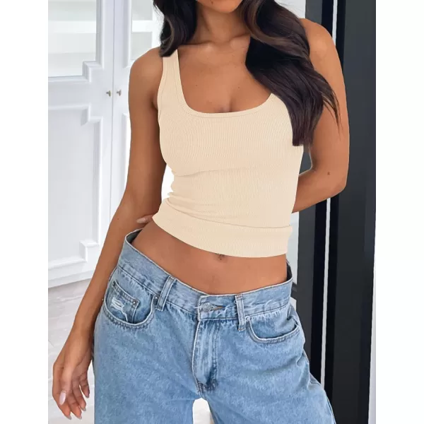 imageZESICA Womens Ribbed 2 Pack Crop Tank Tops 2024 Summer Casual Square Neck Sleeveless ShirtsWhiteApricot