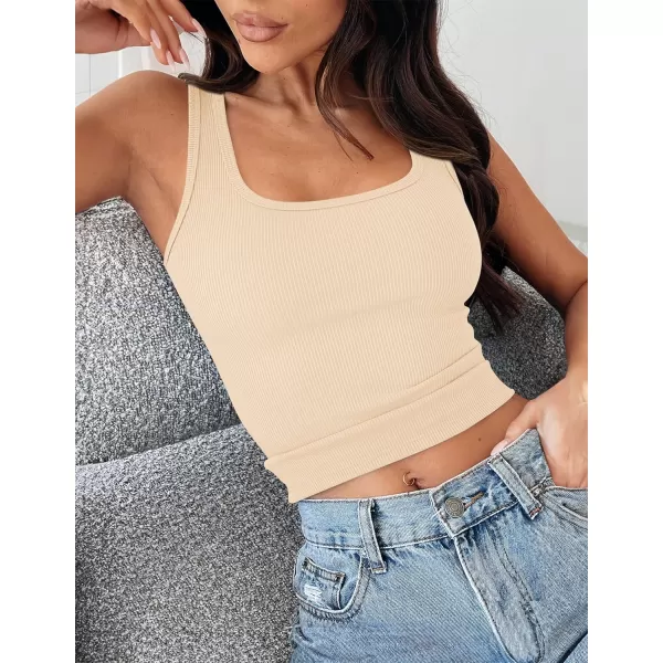 imageZESICA Womens Ribbed 2 Pack Crop Tank Tops 2024 Summer Casual Square Neck Sleeveless ShirtsWhiteApricot