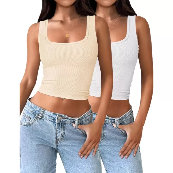 imageZESICA Womens Ribbed 2 Pack Crop Tank Tops 2024 Summer Casual Square Neck Sleeveless ShirtsWhiteApricot