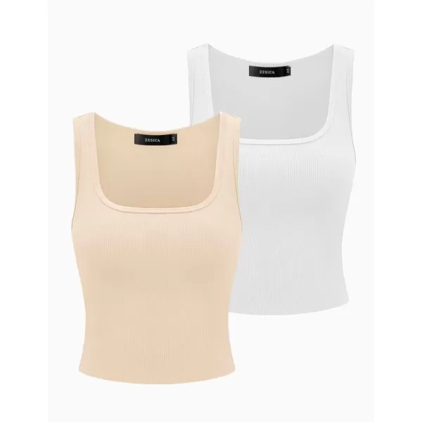 imageZESICA Womens Ribbed 2 Pack Crop Tank Tops 2024 Summer Casual Square Neck Sleeveless ShirtsWhiteApricot