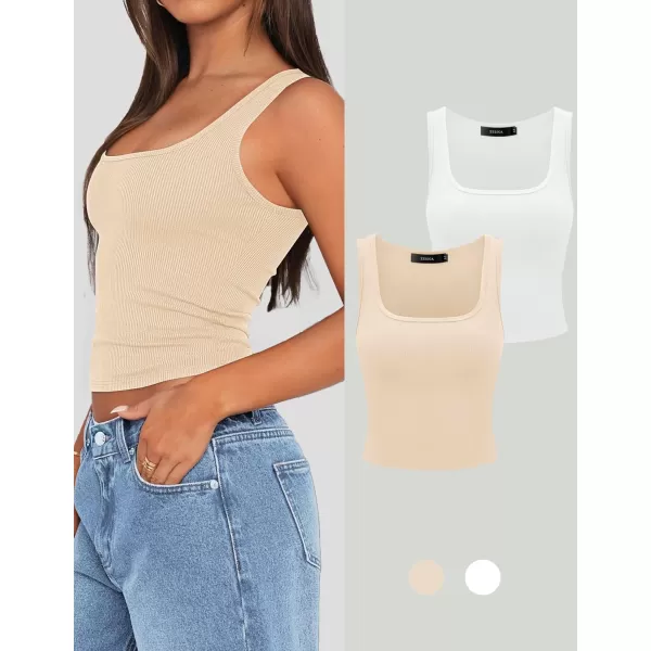 imageZESICA Womens Ribbed 2 Pack Crop Tank Tops 2024 Summer Casual Square Neck Sleeveless ShirtsWhiteApricot