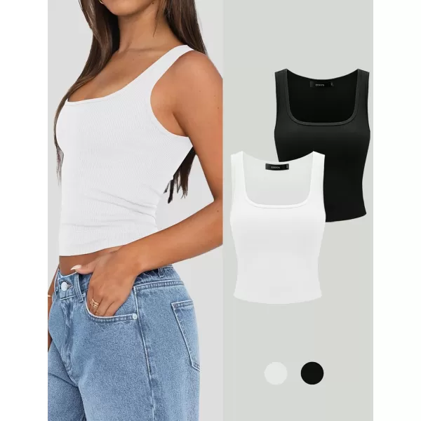 imageZESICA Womens Ribbed 2 Pack Crop Tank Tops 2024 Summer Casual Square Neck Sleeveless ShirtsWhiteBlack