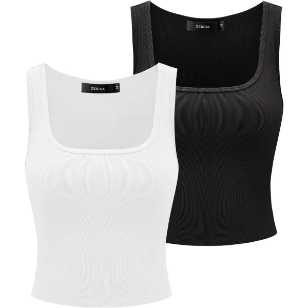 imageZESICA Womens Ribbed 2 Pack Crop Tank Tops 2024 Summer Casual Square Neck Sleeveless ShirtsWhiteBlack