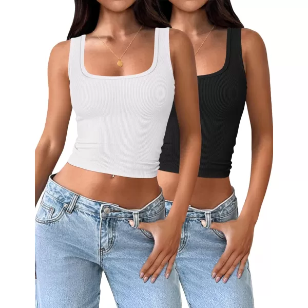 imageZESICA Womens Ribbed 2 Pack Crop Tank Tops 2024 Summer Casual Square Neck Sleeveless ShirtsWhiteBlack