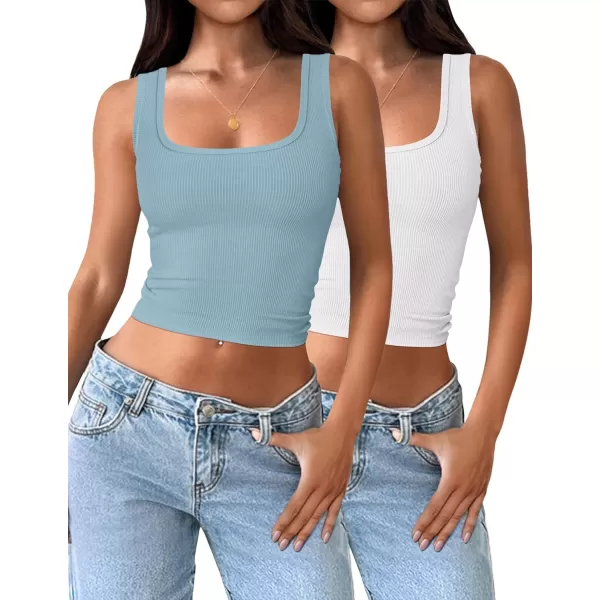 imageZESICA Womens Ribbed 2 Pack Crop Tank Tops 2024 Summer Casual Square Neck Sleeveless ShirtsWhiteBlue