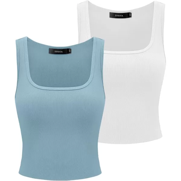 imageZESICA Womens Ribbed 2 Pack Crop Tank Tops 2024 Summer Casual Square Neck Sleeveless ShirtsWhiteBlue