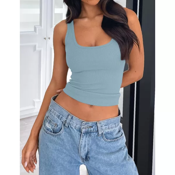 imageZESICA Womens Ribbed 2 Pack Crop Tank Tops 2024 Summer Casual Square Neck Sleeveless ShirtsWhiteBlue