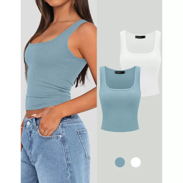 imageZESICA Womens Ribbed 2 Pack Crop Tank Tops 2024 Summer Casual Square Neck Sleeveless ShirtsWhiteBlue