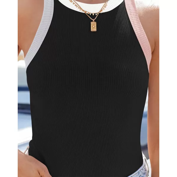 imageZESICA Womens Ribbed High Neck Racerback Tank Tops 2024 Summer Sleeveless Slim Fitted Casual Basic ShirtsBlack