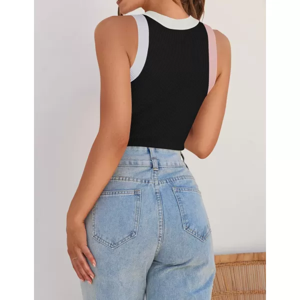 imageZESICA Womens Ribbed High Neck Racerback Tank Tops 2024 Summer Sleeveless Slim Fitted Casual Basic ShirtsBlack