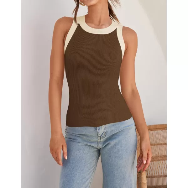 imageZESICA Womens Ribbed High Neck Racerback Tank Tops 2024 Summer Sleeveless Slim Fitted Casual Basic ShirtsBrown