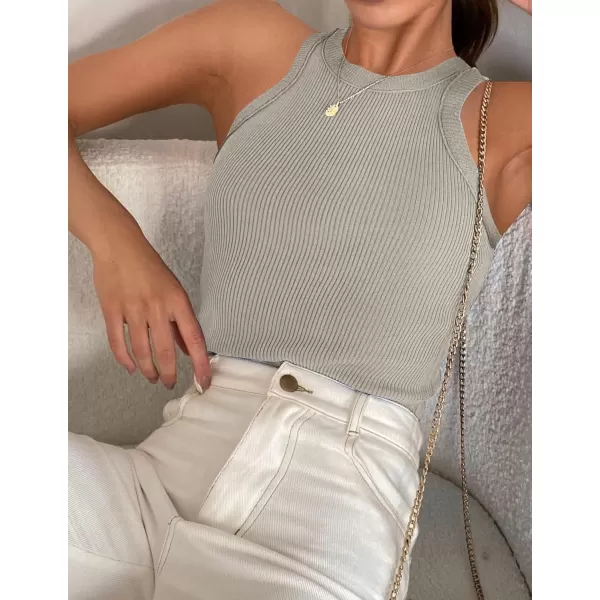 imageZESICA Womens Ribbed High Neck Racerback Tank Tops 2024 Summer Sleeveless Slim Fitted Casual Basic ShirtsFlaxen