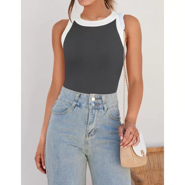 imageZESICA Womens Ribbed High Neck Racerback Tank Tops 2024 Summer Sleeveless Slim Fitted Casual Basic ShirtsGrey