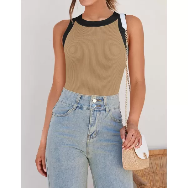 imageZESICA Womens Ribbed High Neck Racerback Tank Tops 2024 Summer Sleeveless Slim Fitted Casual Basic ShirtsToffee