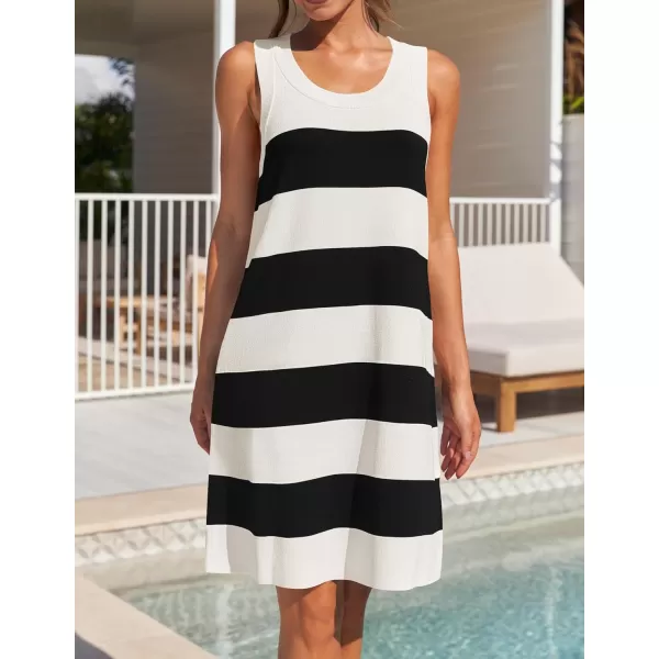 imageZESICA Womens Ribbed Sleeveless Tank Dress 2024 Summer Crew Neck Striped Casual Basic Mini DressesBlack