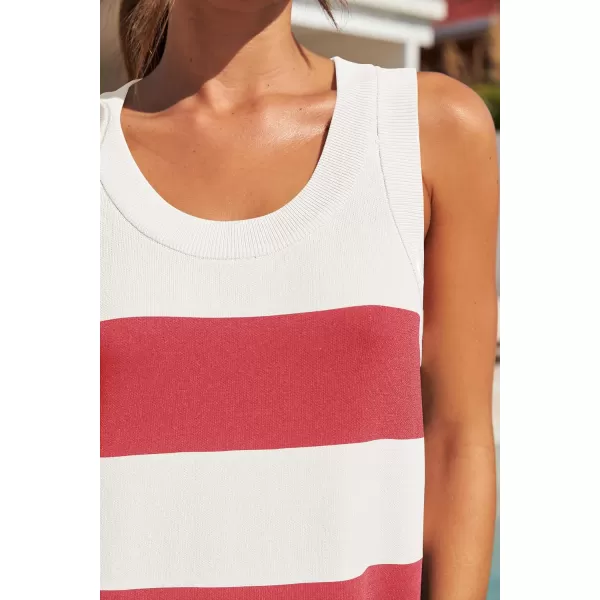imageZESICA Womens Ribbed Sleeveless Tank Dress 2024 Summer Crew Neck Striped Casual Basic Mini DressesCoralred