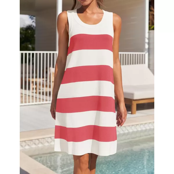 imageZESICA Womens Ribbed Sleeveless Tank Dress 2024 Summer Crew Neck Striped Casual Basic Mini DressesCoralred