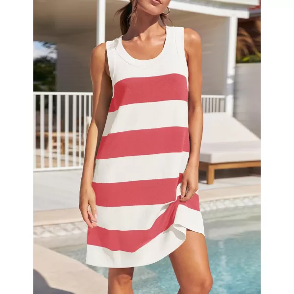 imageZESICA Womens Ribbed Sleeveless Tank Dress 2024 Summer Crew Neck Striped Casual Basic Mini DressesCoralred