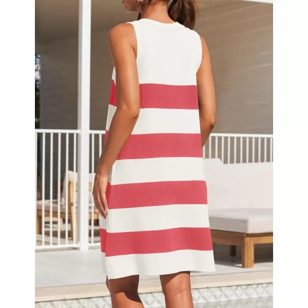 imageZESICA Womens Ribbed Sleeveless Tank Dress 2024 Summer Crew Neck Striped Casual Basic Mini DressesCoralred