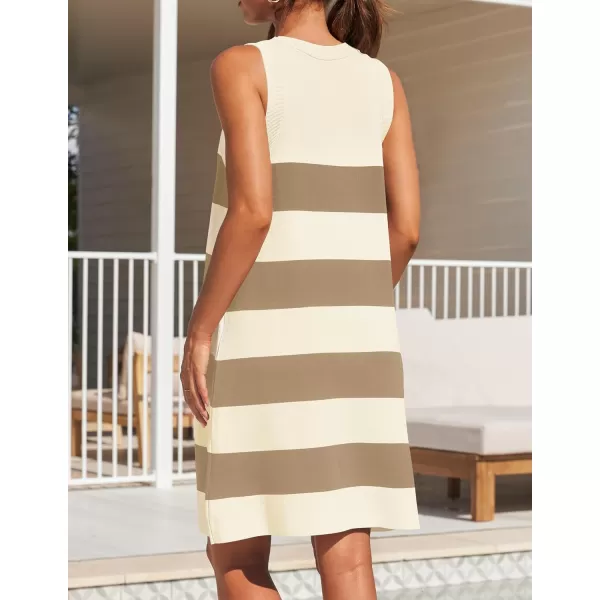 imageZESICA Womens Ribbed Sleeveless Tank Dress 2024 Summer Crew Neck Striped Casual Basic Mini DressesKhaki