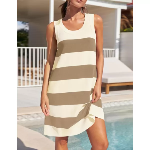 imageZESICA Womens Ribbed Sleeveless Tank Dress 2024 Summer Crew Neck Striped Casual Basic Mini DressesKhaki