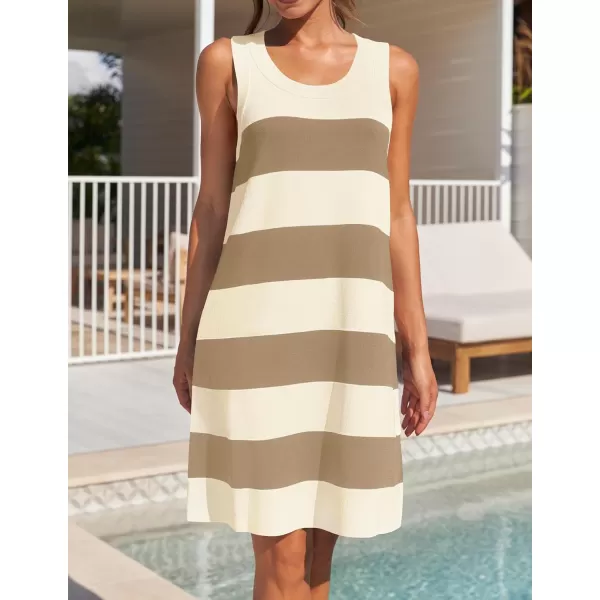 imageZESICA Womens Ribbed Sleeveless Tank Dress 2024 Summer Crew Neck Striped Casual Basic Mini DressesKhaki