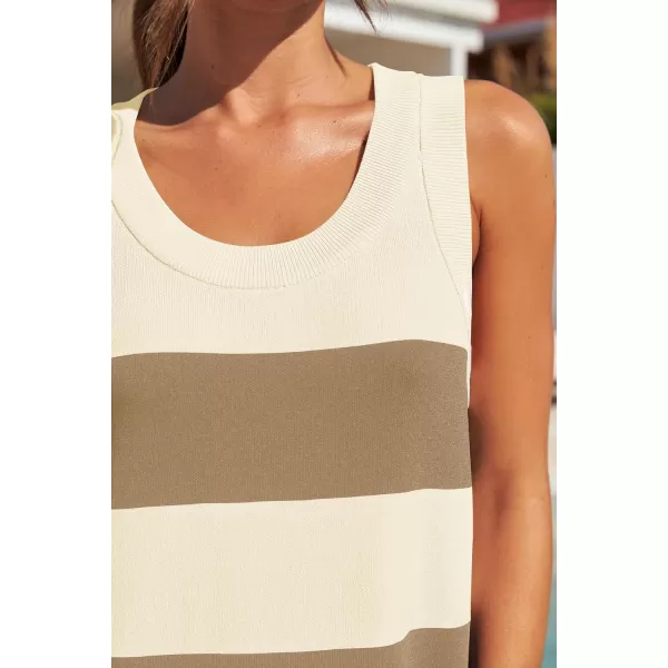 imageZESICA Womens Ribbed Sleeveless Tank Dress 2024 Summer Crew Neck Striped Casual Basic Mini DressesKhaki