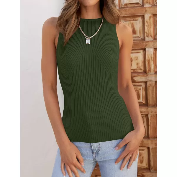imageZESICA Womens Ribbed Tank Tops 2024 Summer Sleeveless High Neck Casual Slim Fitted Basic Knit ShirtsArmygreen
