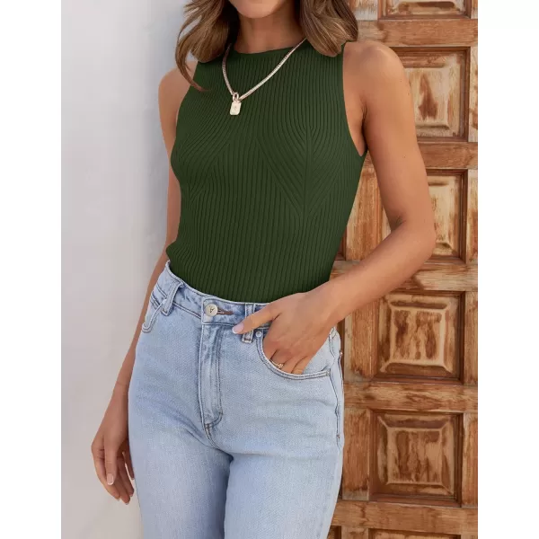 imageZESICA Womens Ribbed Tank Tops 2024 Summer Sleeveless High Neck Casual Slim Fitted Basic Knit ShirtsArmygreen
