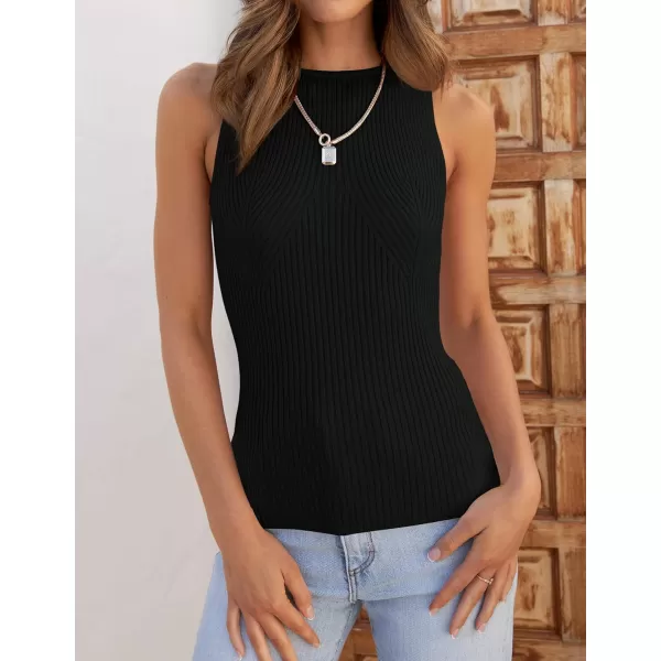 imageZESICA Womens Ribbed Tank Tops 2024 Summer Sleeveless High Neck Casual Slim Fitted Basic Knit ShirtsBlack