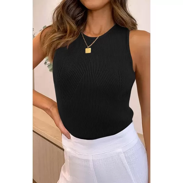 imageZESICA Womens Ribbed Tank Tops 2024 Summer Sleeveless High Neck Casual Slim Fitted Basic Knit ShirtsBlack