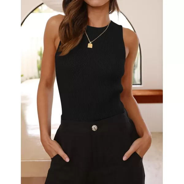 imageZESICA Womens Ribbed Tank Tops 2024 Summer Sleeveless High Neck Casual Slim Fitted Basic Knit ShirtsBlack