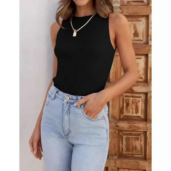 imageZESICA Womens Ribbed Tank Tops 2024 Summer Sleeveless High Neck Casual Slim Fitted Basic Knit ShirtsBlack