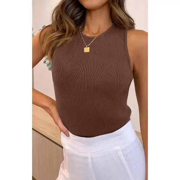 imageZESICA Womens Ribbed Tank Tops 2024 Summer Sleeveless High Neck Casual Slim Fitted Basic Knit ShirtsBrown